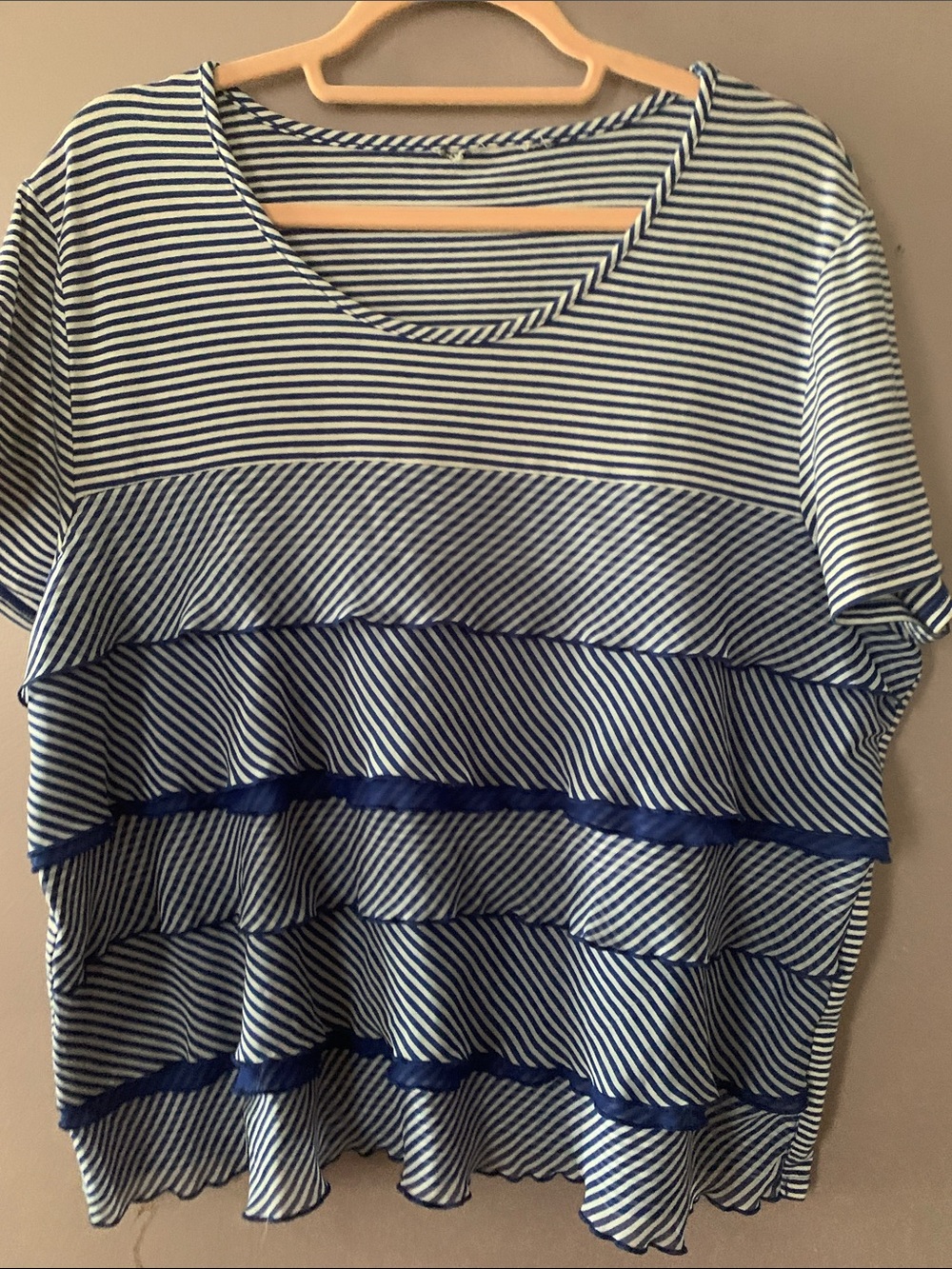 Alfred Dunner Navy and White Striped Ruffle Tier Top